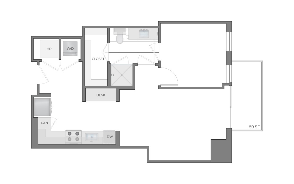 A1 - 1 bedroom floorplan layout with 1 bathroom and 736 square feet (2D)