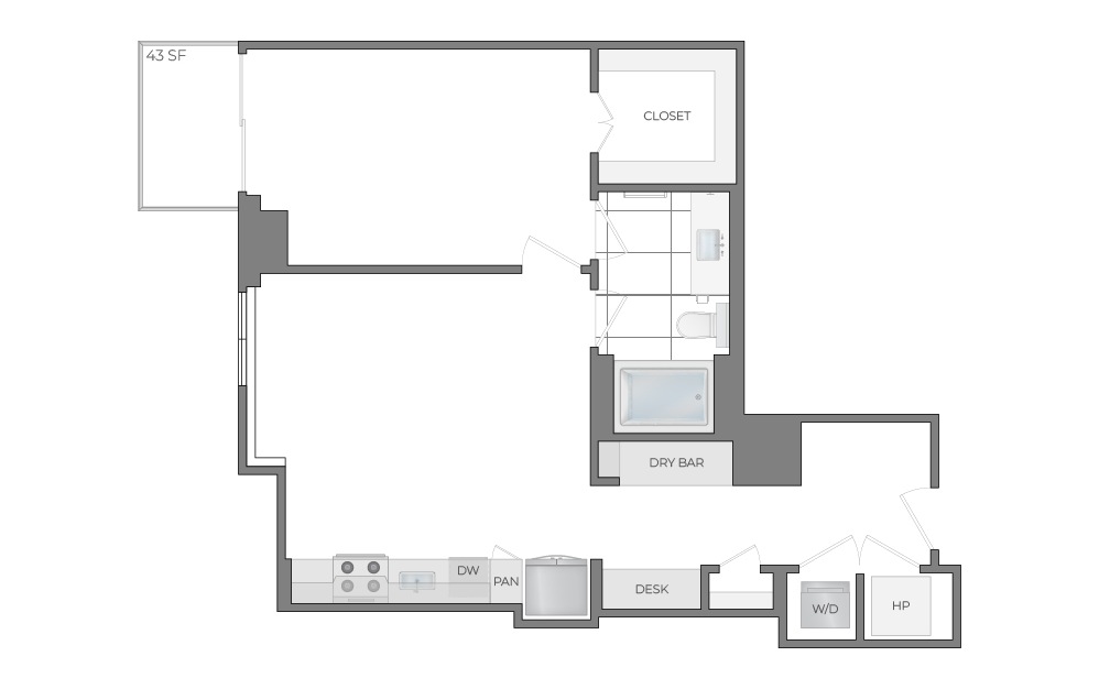 A11 - 1 bedroom floorplan layout with 1 bathroom and 849 square feet (2D)
