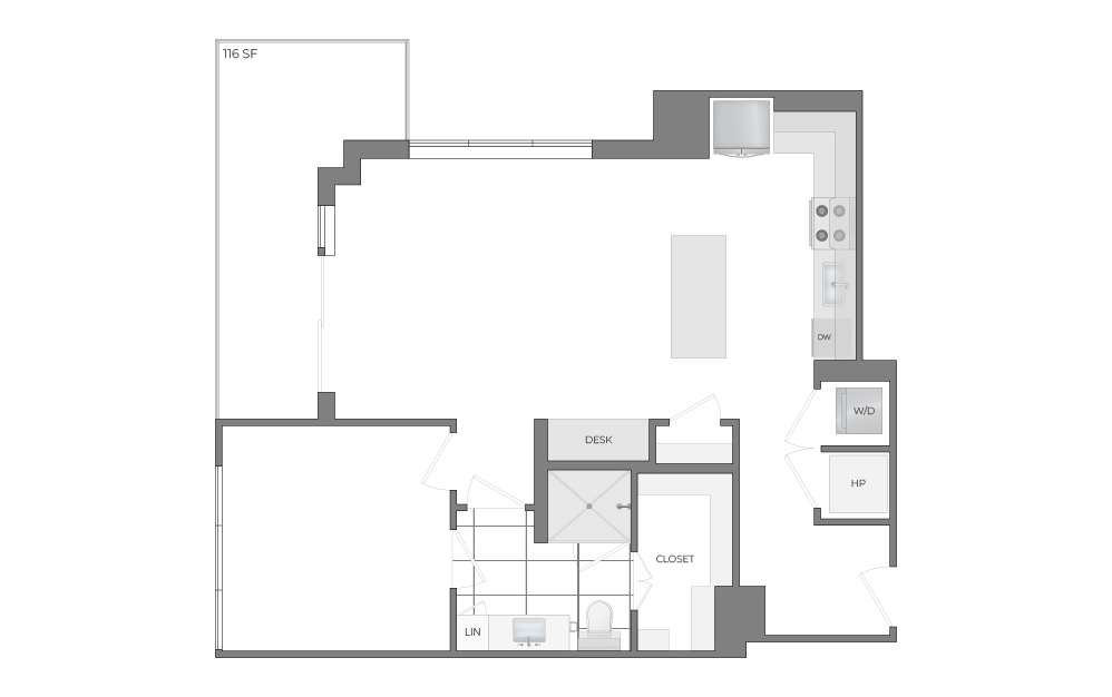 A14 - 1 bedroom floorplan layout with 1 bathroom and 935 square feet (2D)