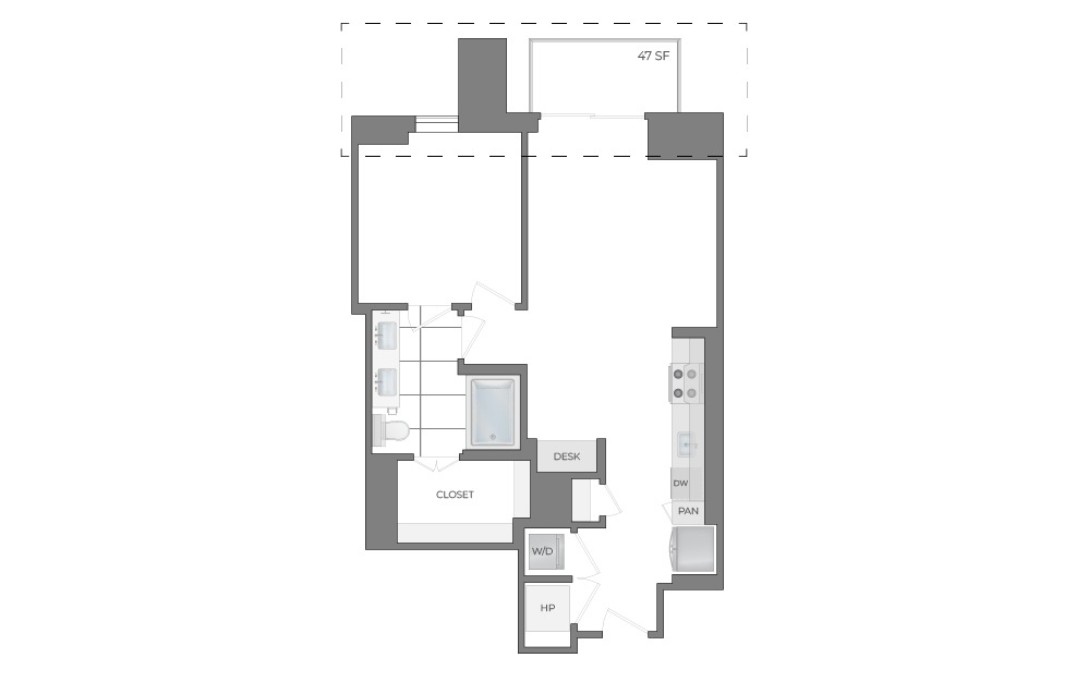 A4 - 1 bedroom floorplan layout with 1 bathroom and 761 - 783 square feet (2D)