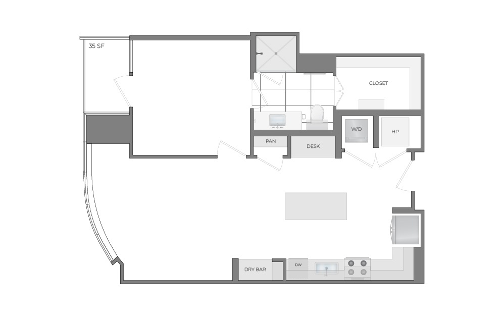 A5 - 1 bedroom floorplan layout with 1 bathroom and 789 square feet (2D)