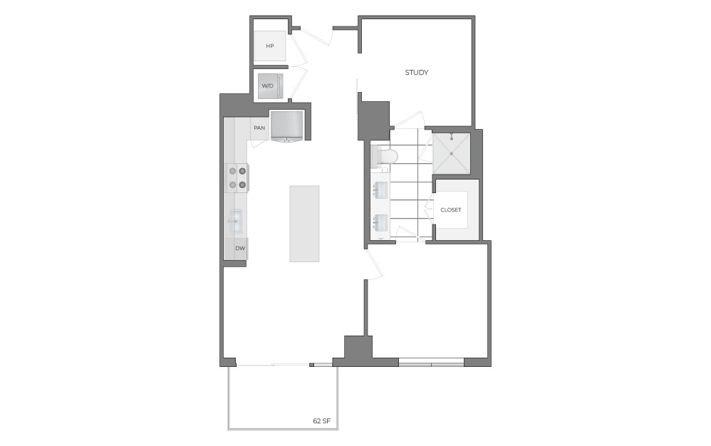 A9 - 1 bedroom floorplan layout with 1 bathroom and 837 square feet (2D)