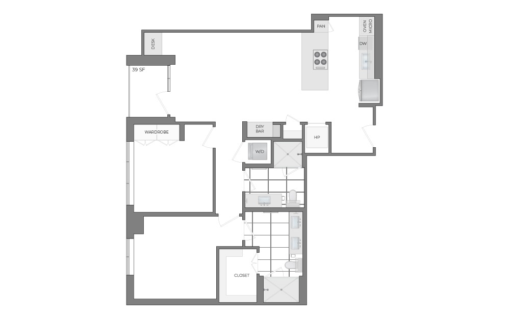 B1 - 2 bedroom floorplan layout with 2 bathrooms and 1125 - 1133 square feet (2D)