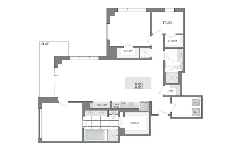 B12 - 2 bedroom floorplan layout with 2 bathrooms and 1569 square feet (2D)