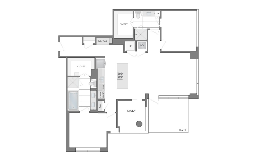 B13 - 2 bedroom floorplan layout with 2 bathrooms and 1610 square feet (2D)