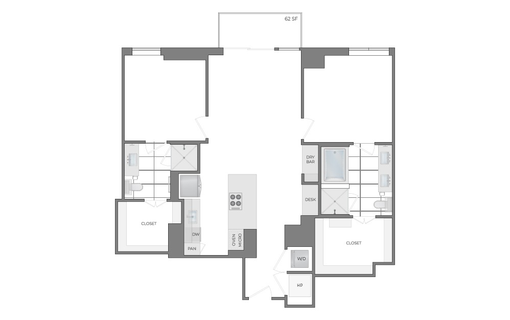 B2 - 2 bedroom floorplan layout with 2 bathrooms and 1138 square feet (2D)