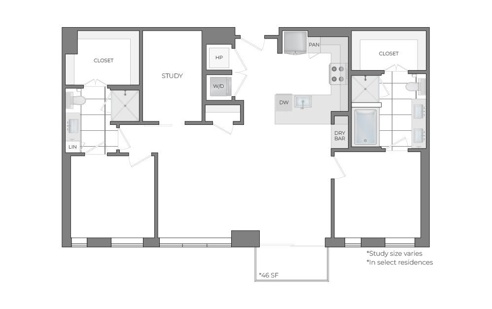 B4 - 2 bedroom floorplan layout with 2 bathrooms and 1236 - 1307 square feet (2D)