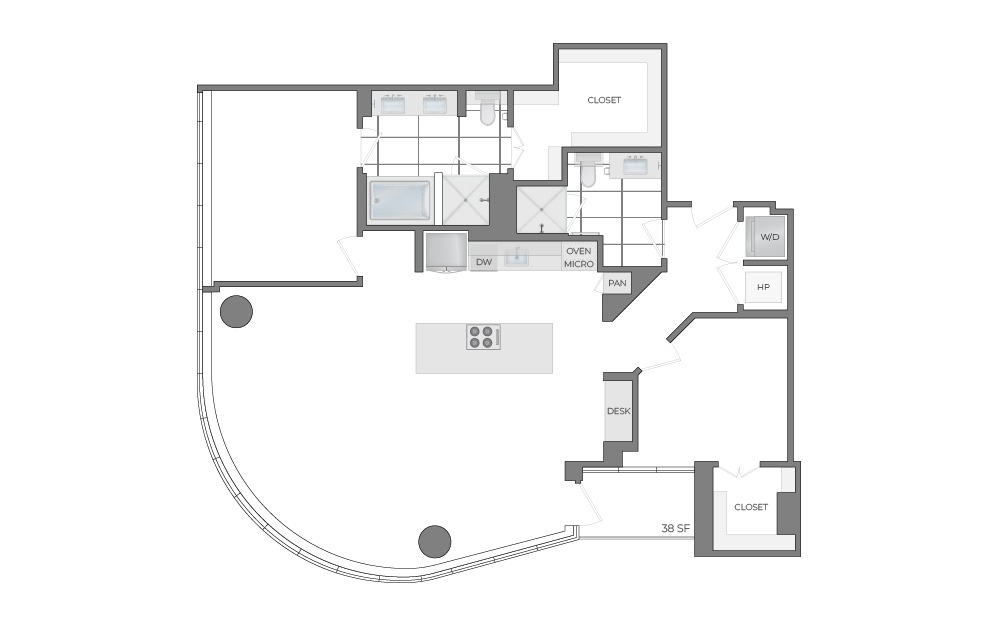 B6 - 2 bedroom floorplan layout with 2 bathrooms and 1391 square feet (2D)