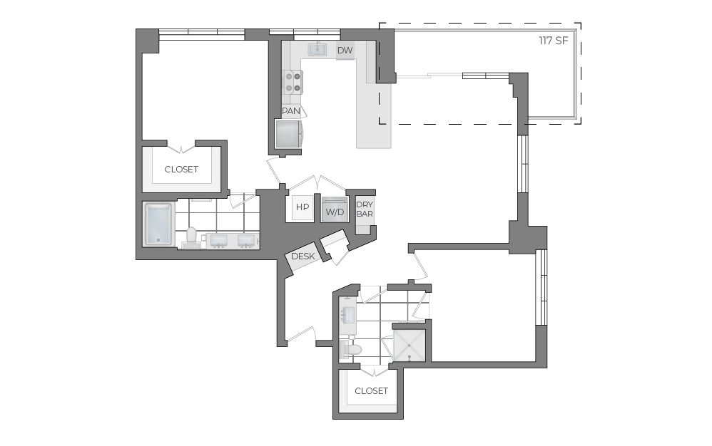 B7 - 2 bedroom floorplan layout with 2 bathrooms and 1407 - 1613 square feet (2D)