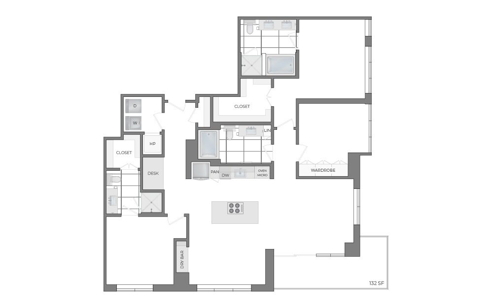 C1 - 3 bedroom floorplan layout with 3 bathrooms and 1732 square feet (2D)