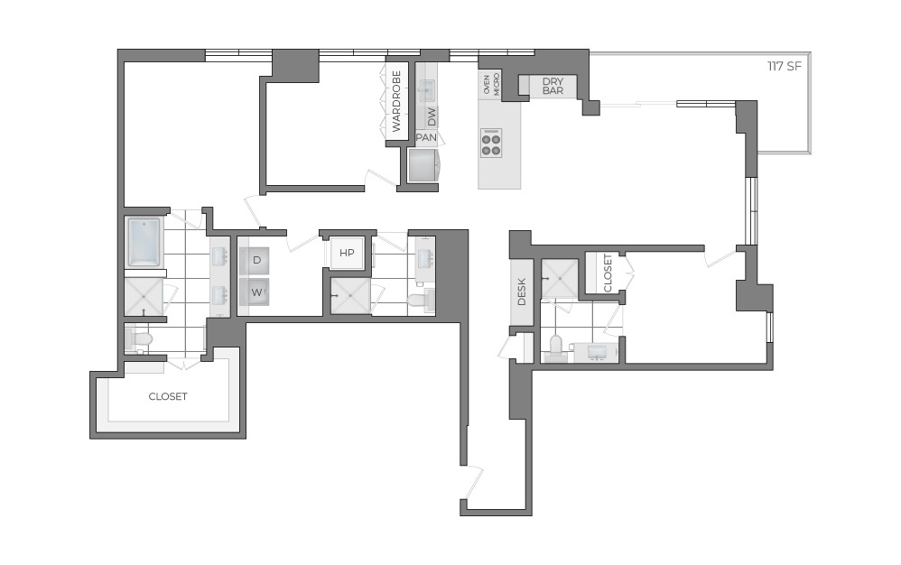 C2 - 3 bedroom floorplan layout with 3 bathrooms and 1726 - 1739 square feet (2D)