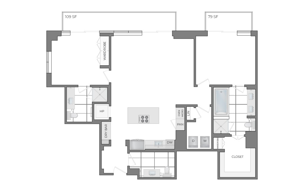 Ph01 - 2 bedroom floorplan layout with 2.5 bathrooms and 1621 square feet (2D)