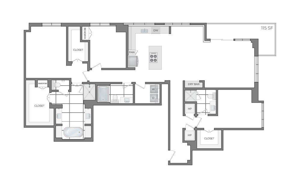 Ph02 - 3 bedroom floorplan layout with 3 bathrooms and 2187 square feet (2D)