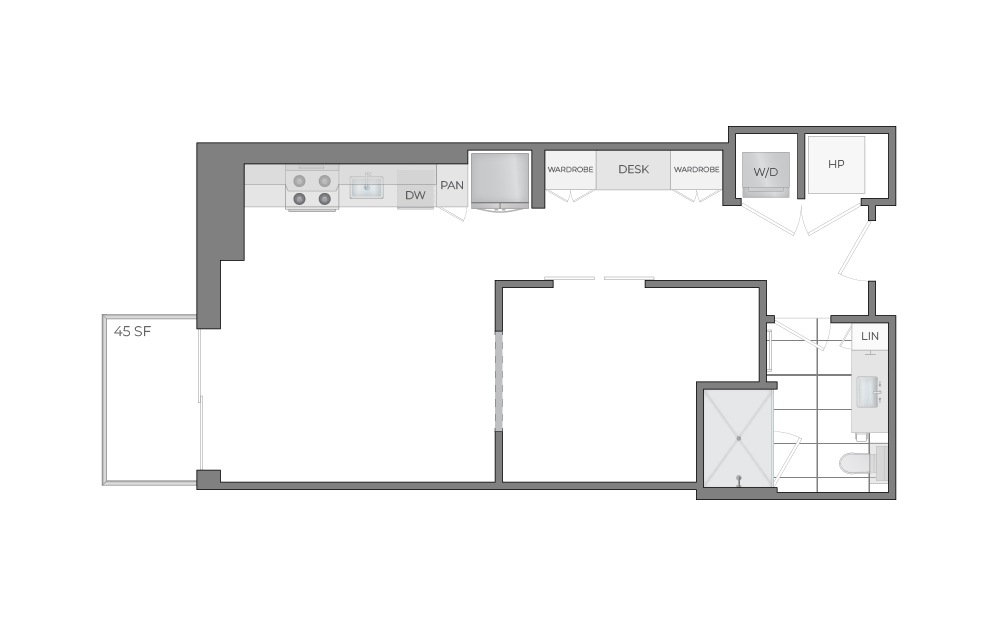 S3 - Studio floorplan layout with 1 bathroom and 667 square feet (2D)
