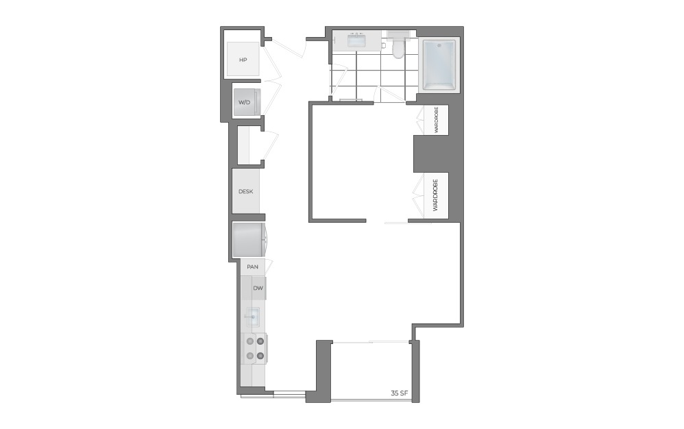 S4 - Studio floorplan layout with 1 bathroom and 674 square feet (2D)