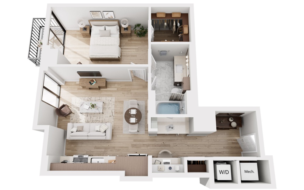 A11 - 1 bedroom floorplan layout with 1 bathroom and 849 square feet (3D)