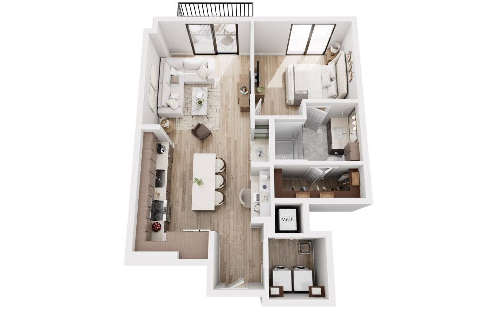 A12 - 1 bedroom floorplan layout with 1 bathroom and 848 - 859 square feet (3D)