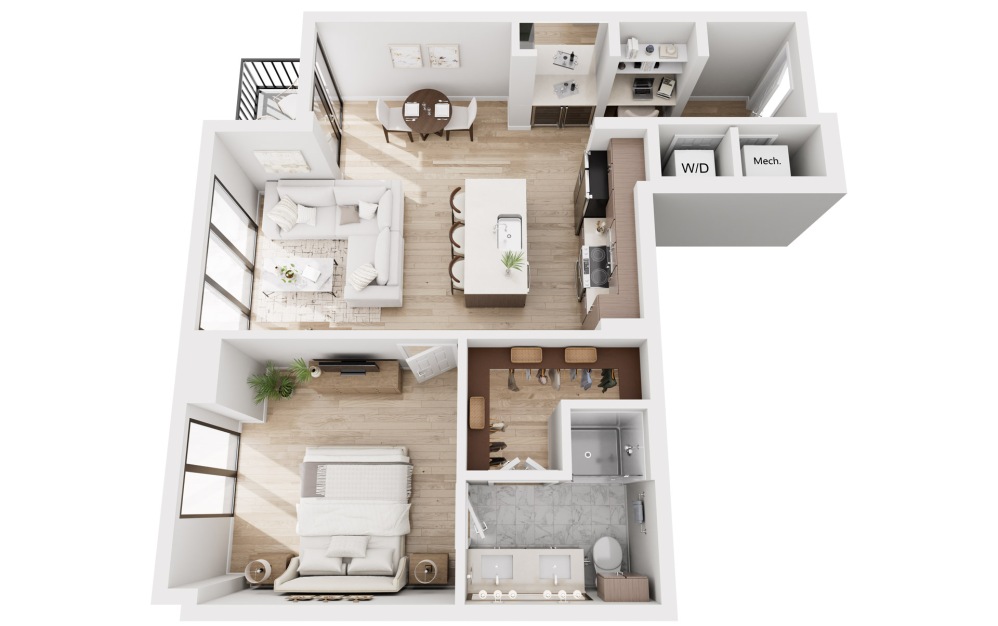 A13 - 1 bedroom floorplan layout with 1 bathroom and 913 - 924 square feet (3D)