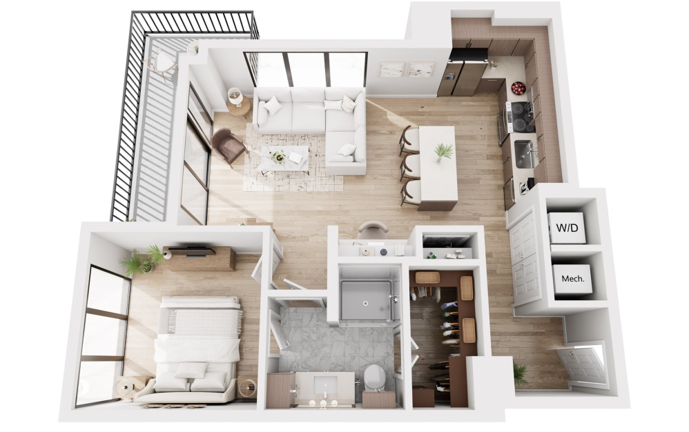 A14 - 1 bedroom floorplan layout with 1 bathroom and 935 square feet (3D)