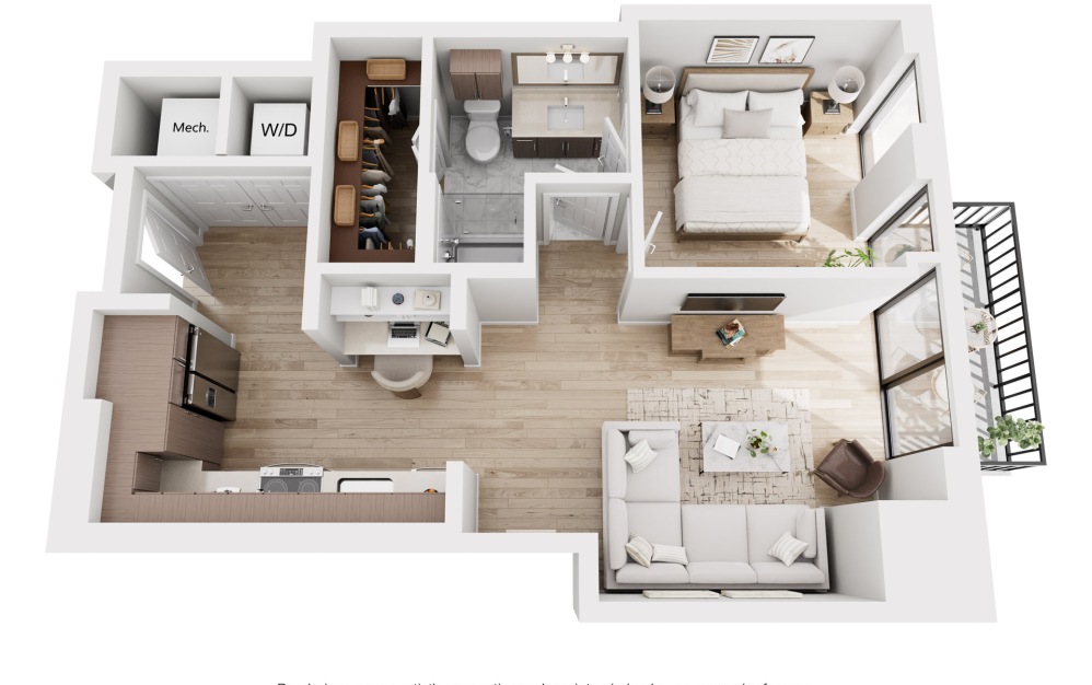 A1 - 1 bedroom floorplan layout with 1 bathroom and 736 square feet (3D)