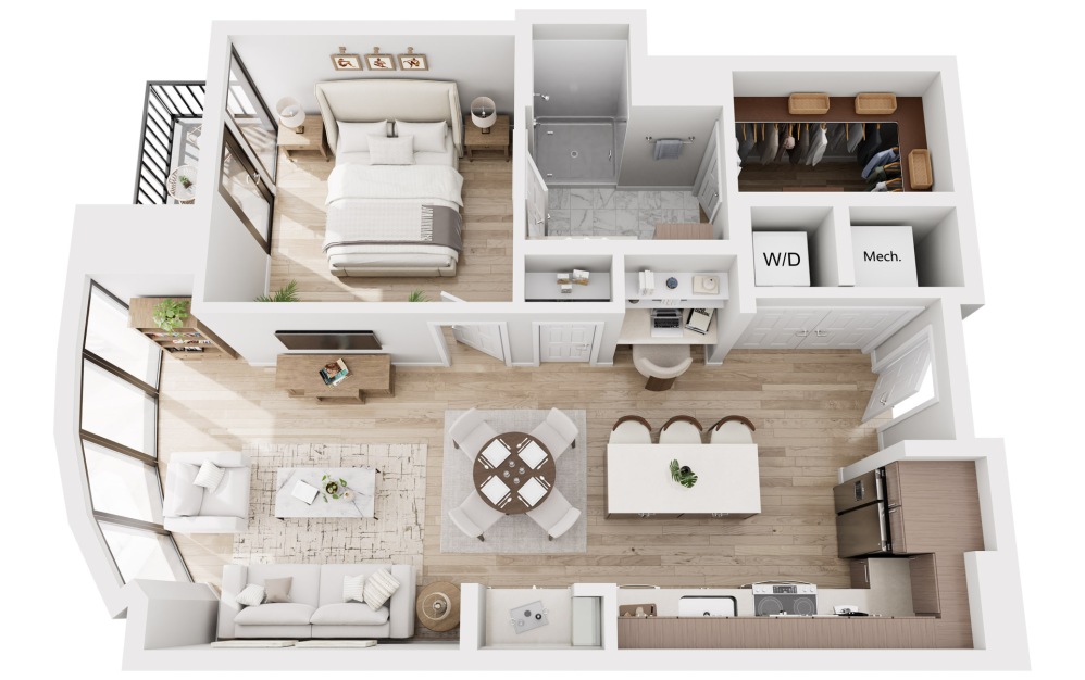 A5 - 1 bedroom floorplan layout with 1 bathroom and 789 square feet (3D)