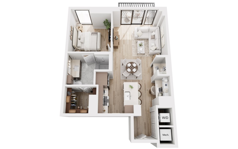 A7 - 1 bedroom floorplan layout with 1 bathroom and 815 square feet (3D)