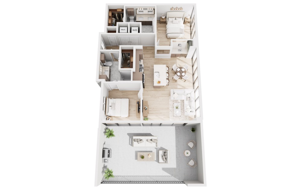 B10 - 2 bedroom floorplan layout with 2 bathrooms and 1544 square feet (3D)