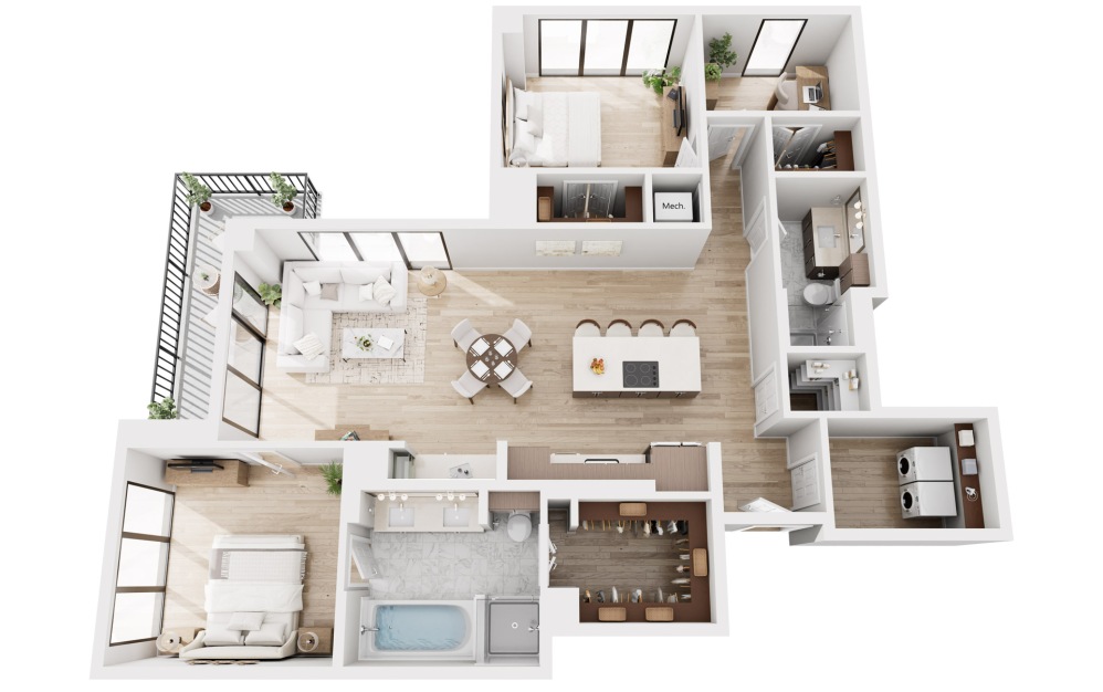 B12 - 2 bedroom floorplan layout with 2 bathrooms and 1569 square feet (3D)