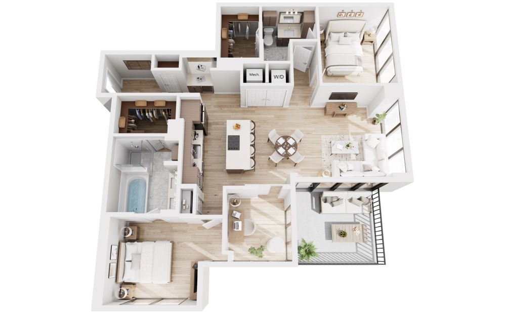 B13 - 2 bedroom floorplan layout with 2 bathrooms and 1610 square feet (3D)