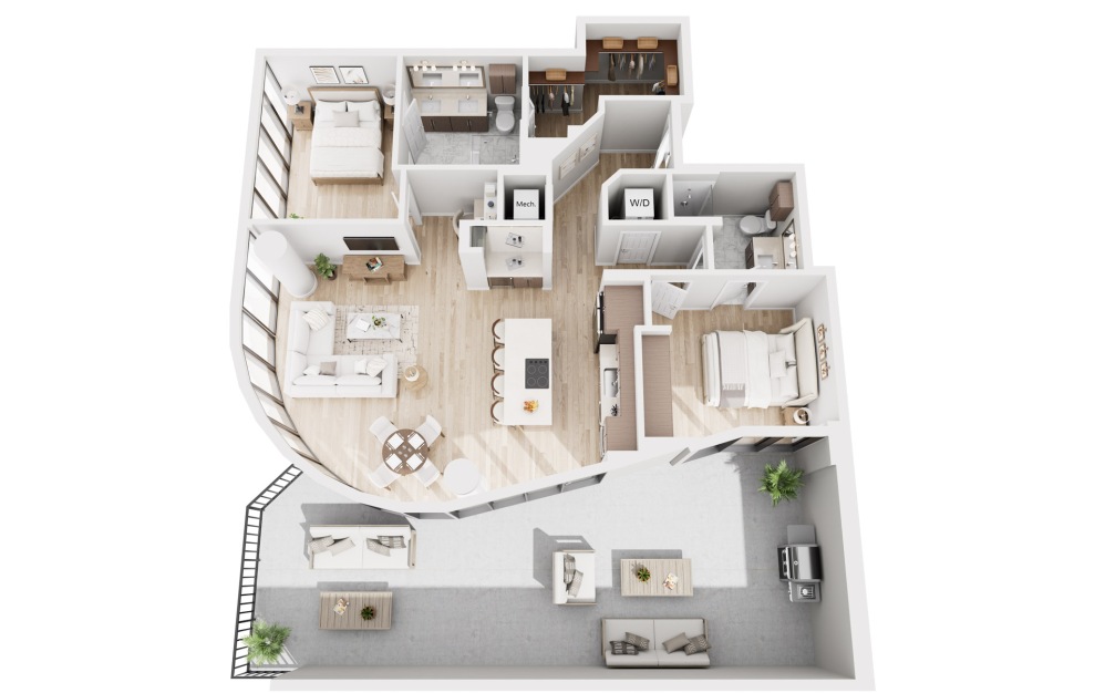 B14 - 2 bedroom floorplan layout with 2 bathrooms and 1849 square feet (3D)
