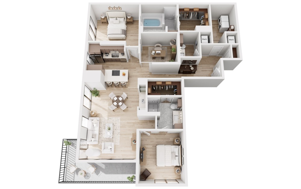 B15 - 2 bedroom floorplan layout with 2.5 bathrooms and 1978 square feet (3D)