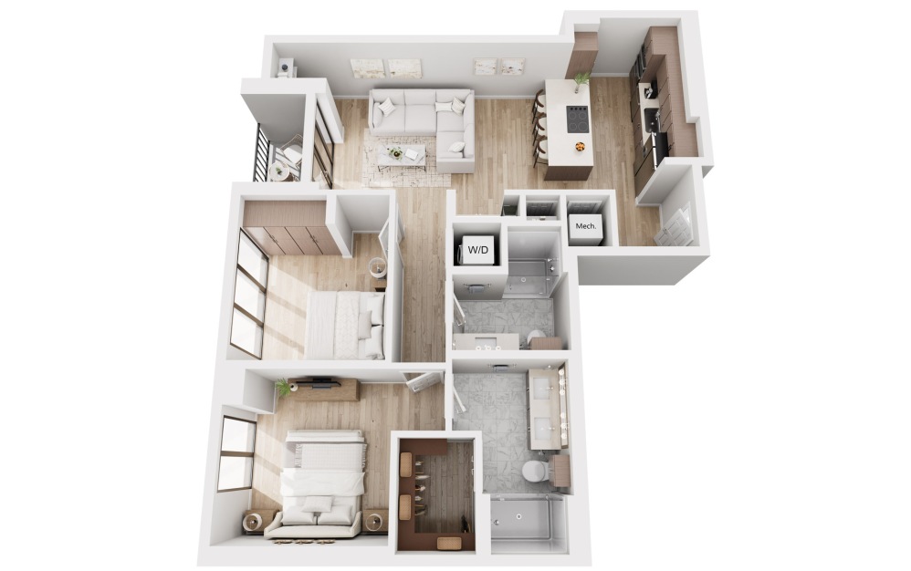 B1 - 2 bedroom floorplan layout with 2 bathrooms and 1125 - 1133 square feet (3D)