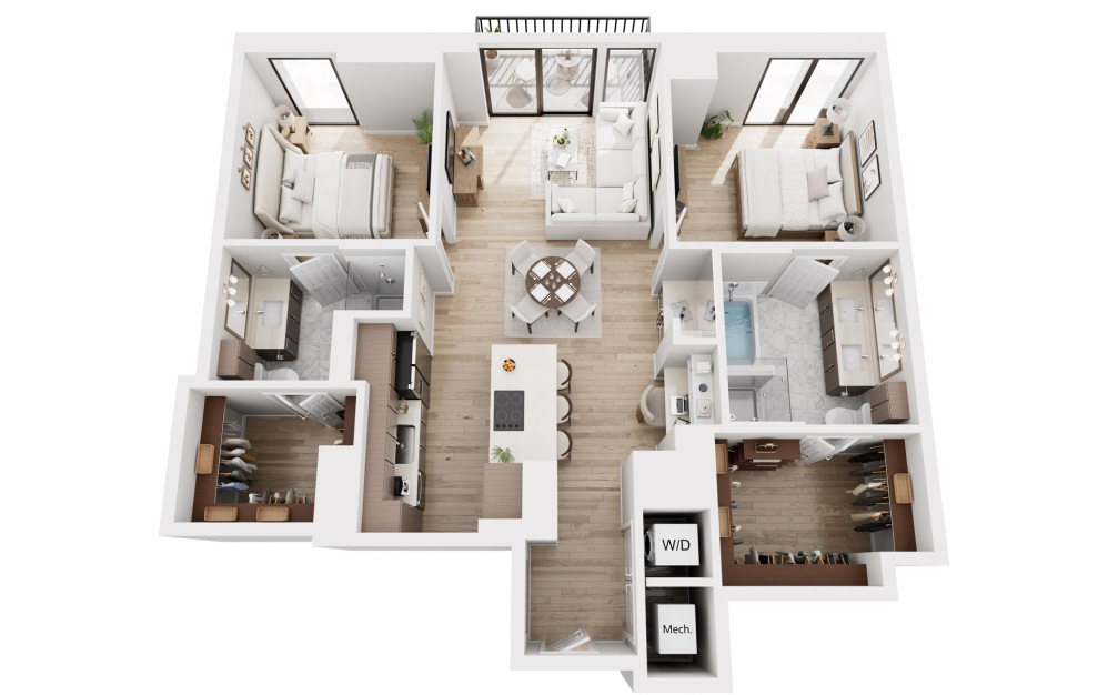 B2 - 2 bedroom floorplan layout with 2 bathrooms and 1138 square feet (3D)