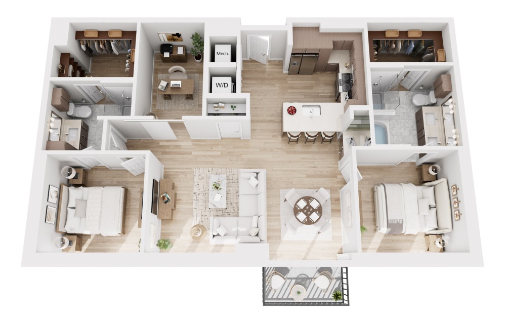 B4 - 2 bedroom floorplan layout with 2 bathrooms and 1236 - 1307 square feet (3D)