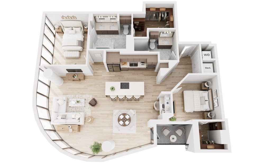 B6 - 2 bedroom floorplan layout with 2 bathrooms and 1391 square feet (3D)