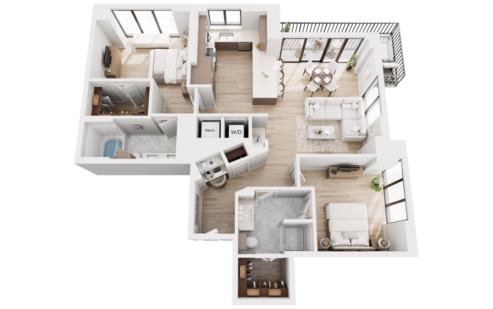 B7 - 2 bedroom floorplan layout with 2 bathrooms and 1407 - 1613 square feet (3D)