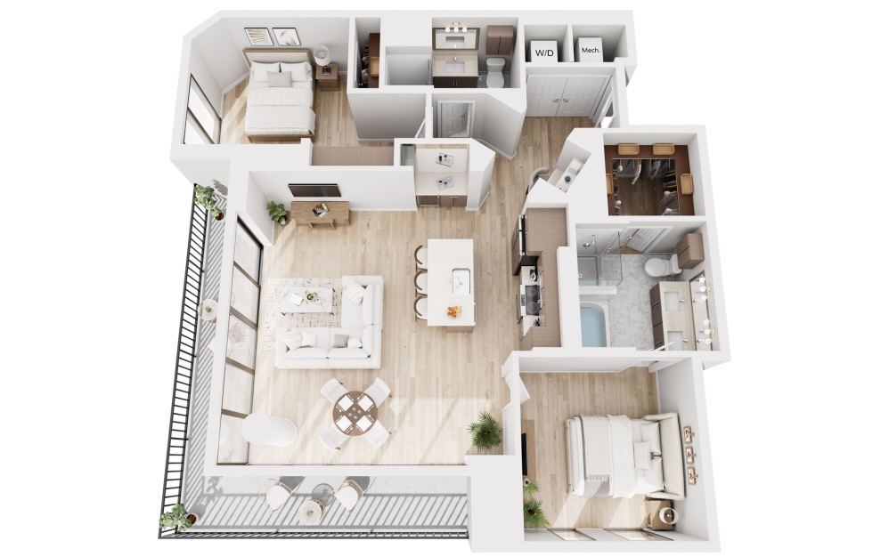 B9 - 2 bedroom floorplan layout with 2 bathrooms and 1498 square feet (3D)