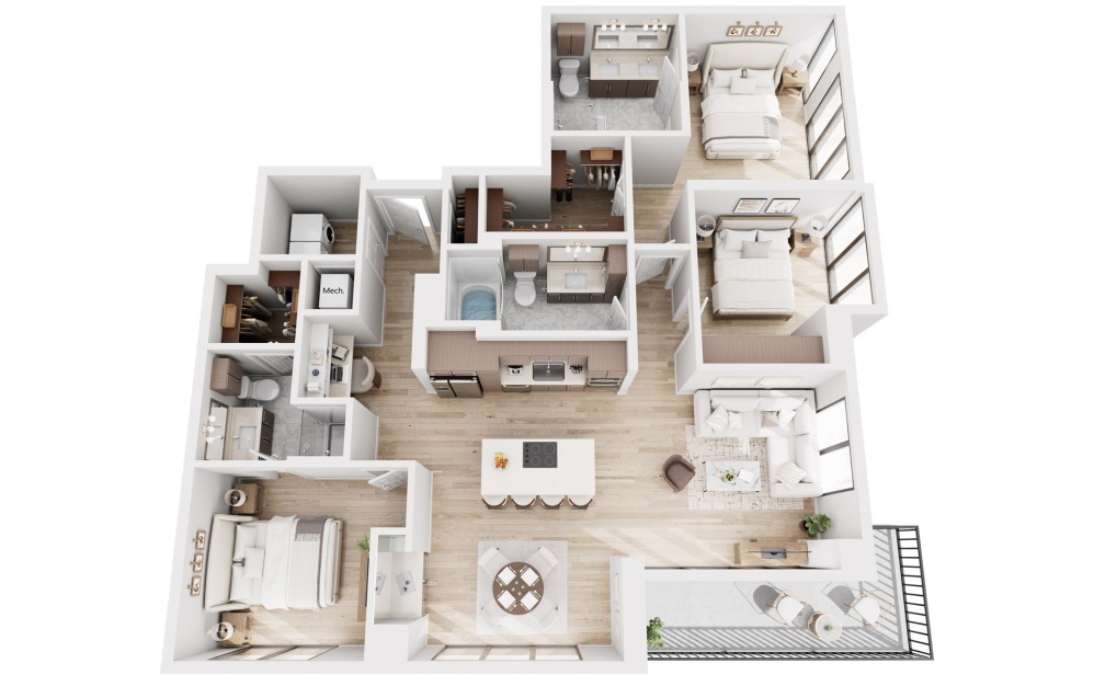 C1 - 3 bedroom floorplan layout with 3 bathrooms and 1732 square feet (3D)
