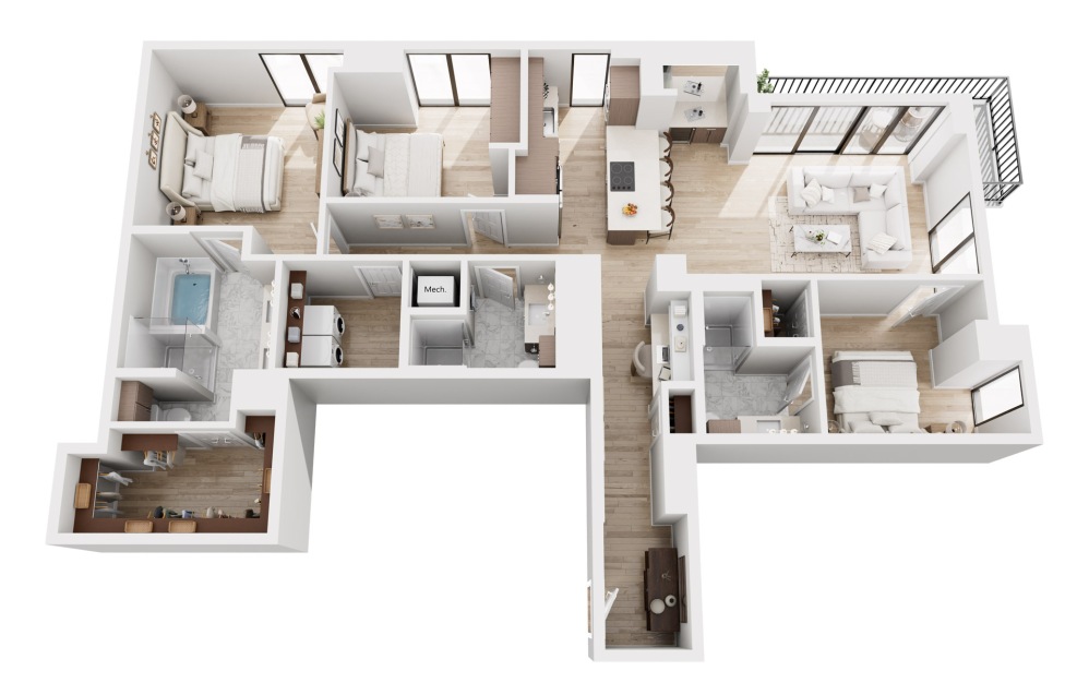 C2 - 3 bedroom floorplan layout with 3 bathrooms and 1726 - 1739 square feet (3D)