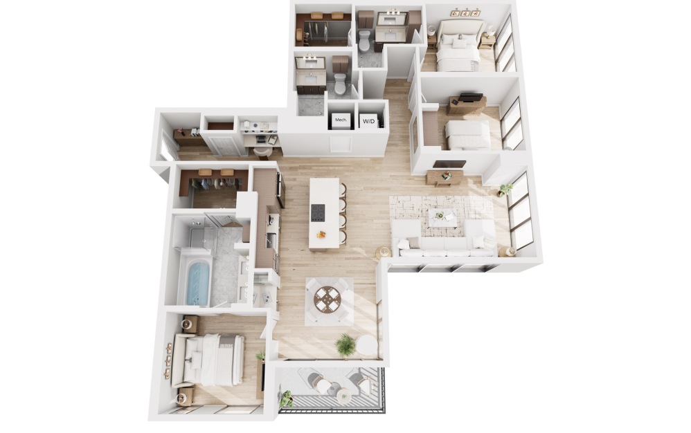 C3 - 3 bedroom floorplan layout with 3 bathrooms and 1824 - 1834 square feet (3D)
