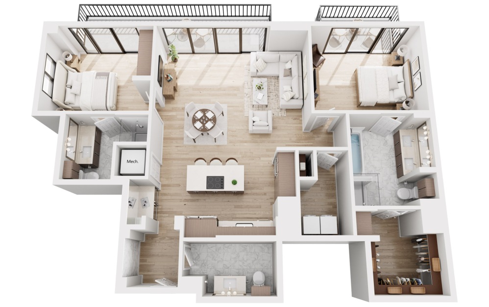 Ph01 - 2 bedroom floorplan layout with 2.5 bathrooms and 1621 square feet (3D)