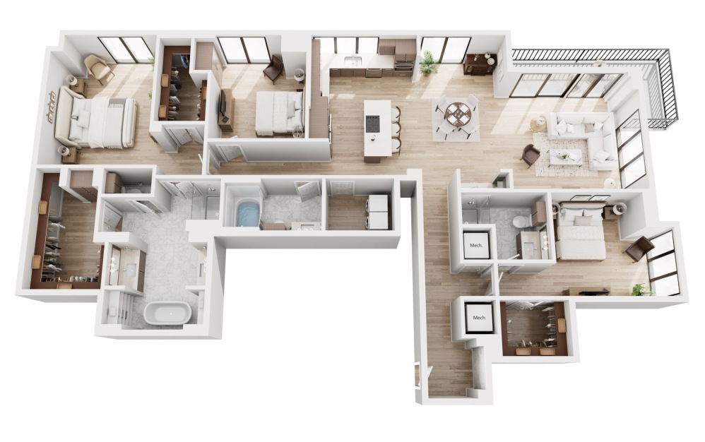 Ph02 - 3 bedroom floorplan layout with 3 bathrooms and 2187 square feet (3D)