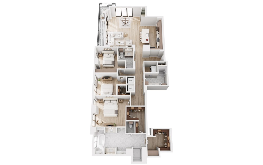 Ph03 - 3 bedroom floorplan layout with 3 bathrooms and 2309 square feet (3D)