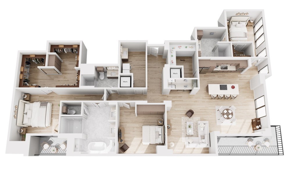 Ph04 - 3 bedroom floorplan layout with 3 bathrooms and 2452 square feet (3D)
