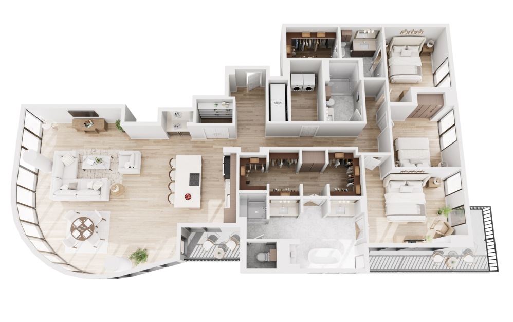 Ph05 - 3 bedroom floorplan layout with 3 bathrooms and 2459 square feet (3D)
