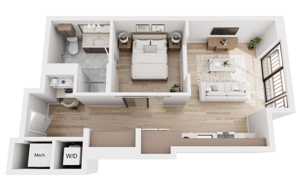 S1 - Studio floorplan layout with 1 bathroom and 566 square feet (3D)