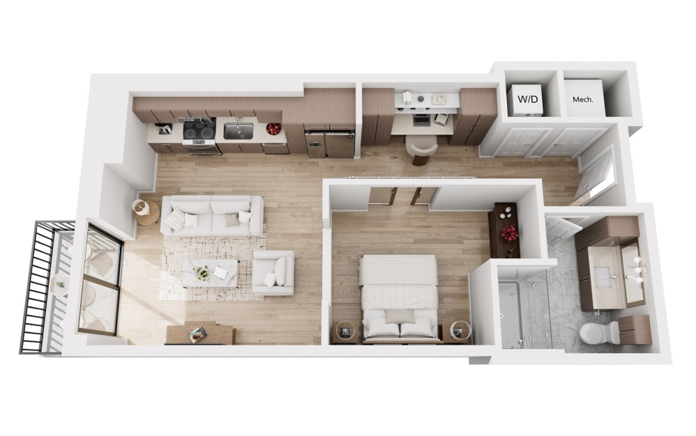 S3 - Studio floorplan layout with 1 bathroom and 667 square feet (3D)