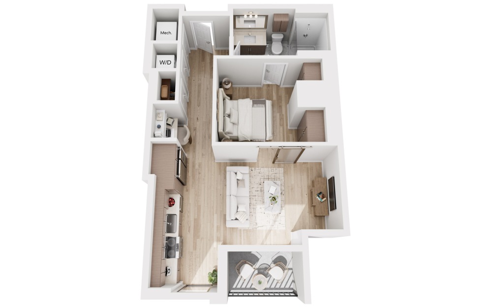 S4 - Studio floorplan layout with 1 bathroom and 674 square feet (3D)