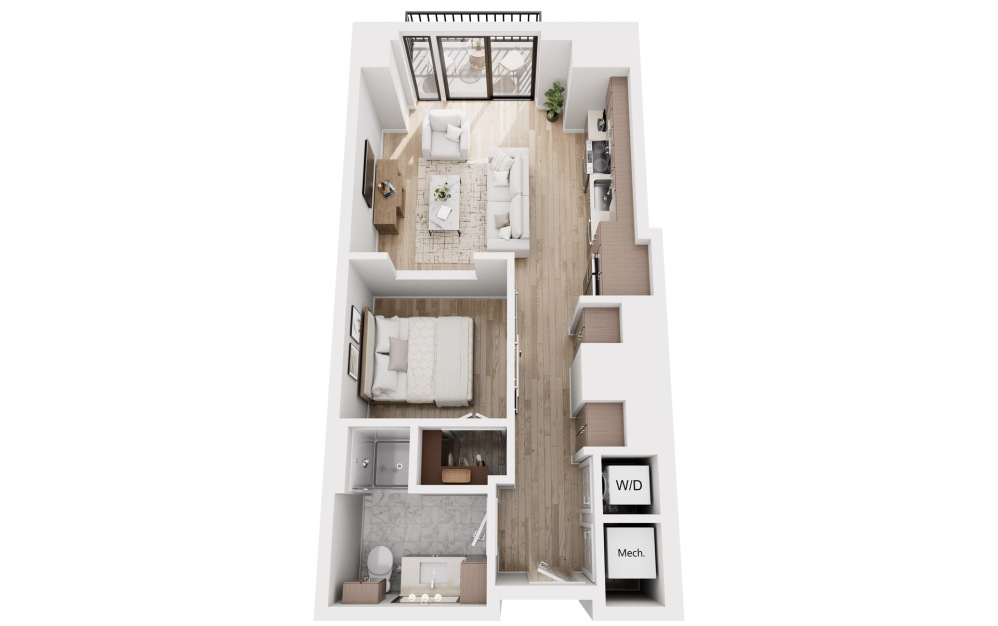 S5 - Studio floorplan layout with 1 bathroom and 699 square feet (3D)