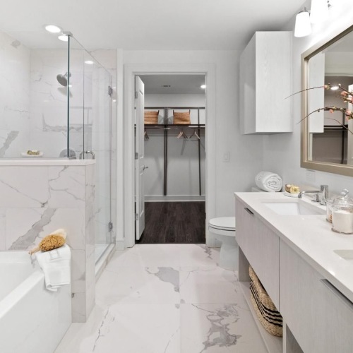 Bathroom options with thoughtful details a bathroom with a tub sink and mirror